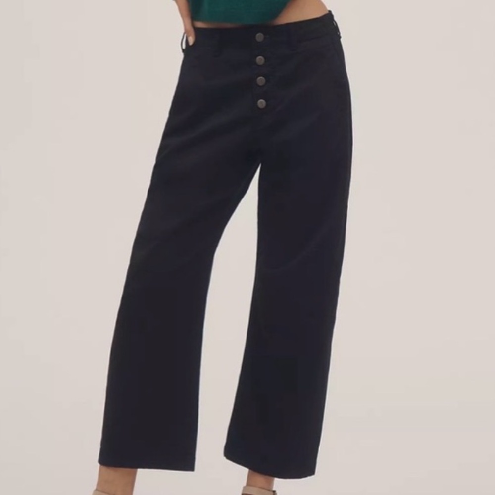 ANTHROPOLOGUIE The Arin Mid-Rise Button-Front Barrel Pants  Size 29  black NWT